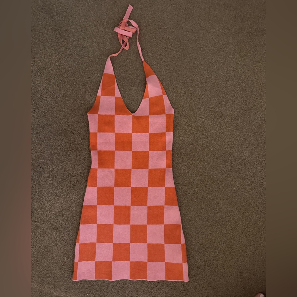 Peppermayo Pink and Orange Plaid Halter Dress